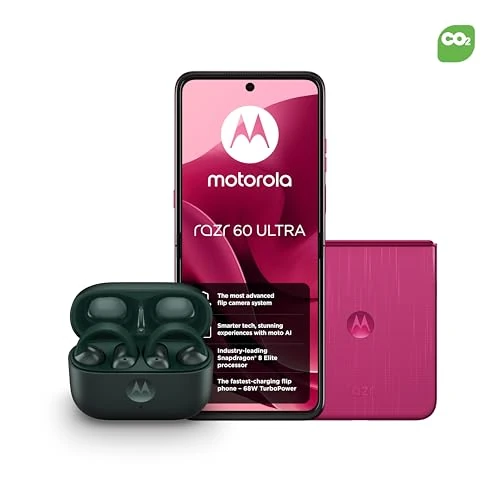 Motorola razr 60 ultra, Pantone Cabaret, Moto AI Flip Smartphone, Dual Display, 50MP Triple Camera with Co2 Offset and Moto buds loop - Green