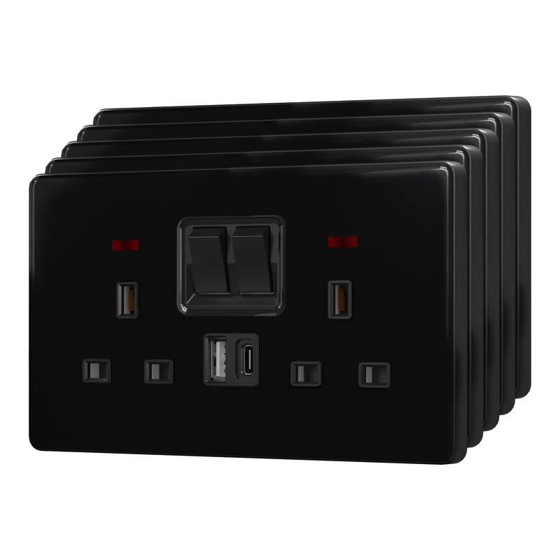 BSEED Double Plug Socket with 20 W USB-C Fast Charging,Switched Wall Plug,Indicator Light,Glass Panel,UK Standard Electric Power,2 Gang-5 Pack,146mm Black
