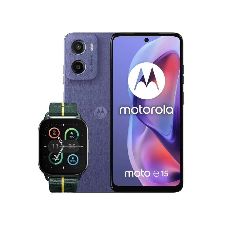 Motorola E15 fresh lavender 2+64 with Co2 offset and Moto watch fit, PANTONE Trekking Green