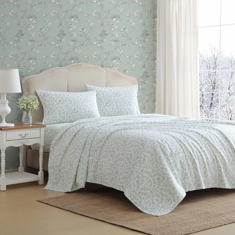 Laura Ashley - Twin Bed Sheets, Cotton Flannel Bedding Set with Matching Pillowcase, Brushed for Extra Softness, Deep Pocket, Oeko-Tex Certified (Brinna Green) - Image 1