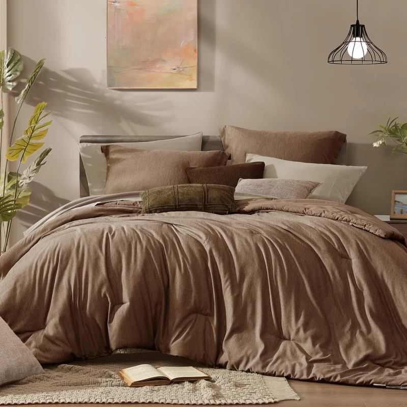 Monbix King Size Comforter Set 7 Pieces Brown Cationic Dyeing Bed in a Bag