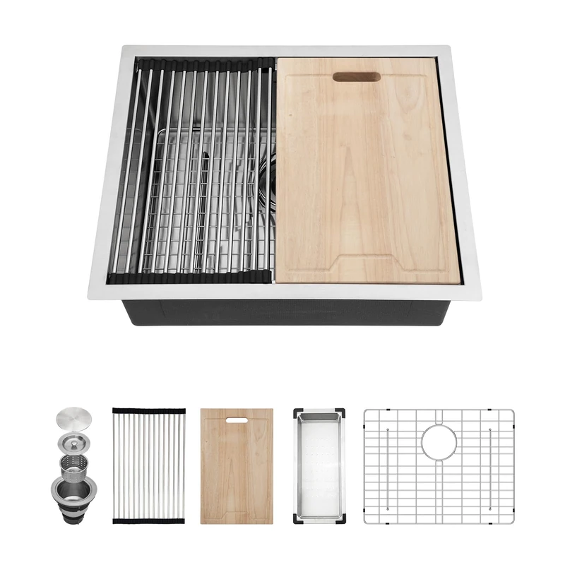23 Inch Undermount Kitchen Sink - 23x19 Undermount Sink Ledge Workstation Stainless Steel 16 Gauge Single Bowl Handmade Round Corner Small Kitchen Sink with Cutting Board