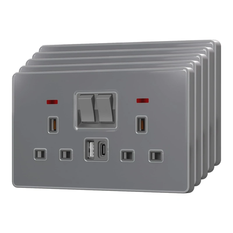 BSEED Double Plug Socket with 20 W USB-C Fast Charging,Switched Wall Plug,Indicator Light,Glass Panel,UK Standard Electric Power,2 Gang-5 Pack,146mm Grey