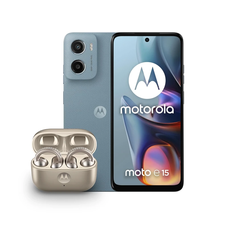 Motorola E15 Misty Blue 2+64 and Moto buds loop w/crystals by Swarovski