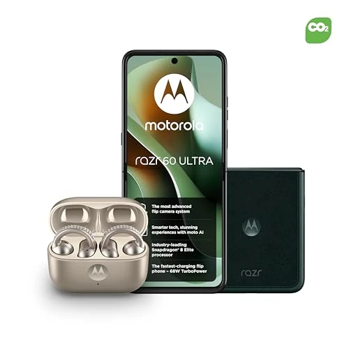 Motorola razr 60 ultra, Pantone Scarab, Moto AI Flip Smartphone, Dual Display, 50MP Triple Camera with Co2 Offset and Moto buds loop w/crystals by Swarovski