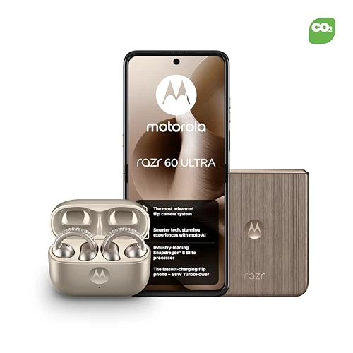 Motorola razr 60 ultra, Pantone Mountain Trail, Moto AI Flip Smartphone, Dual Display, 50MP Triple Camera with Co2 Offset and Moto buds loop w/crystals by Swarovski