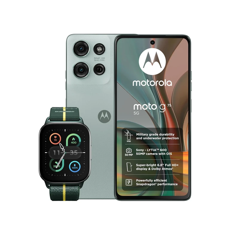 Moto G75 8+256 Succulent Green and Moto watch fit, PANTONE Trekking Green
