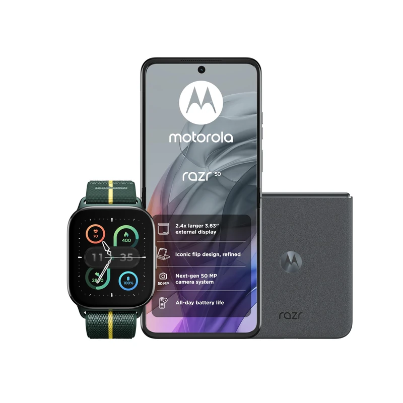 Moto Razr50 Koala Grey and Moto watch fit, PANTONE Trekking Green
