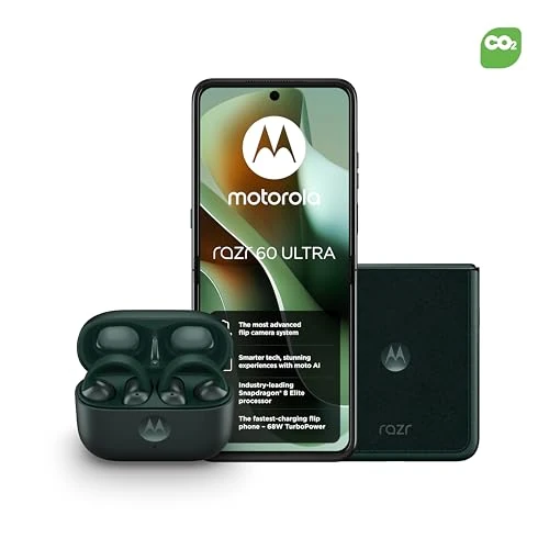 Motorola razr 60 ultra, Pantone Scarab, Moto AI Flip Smartphone, Dual Display, 50MP Triple Camera with Co2 Offset and Moto buds loop - Green