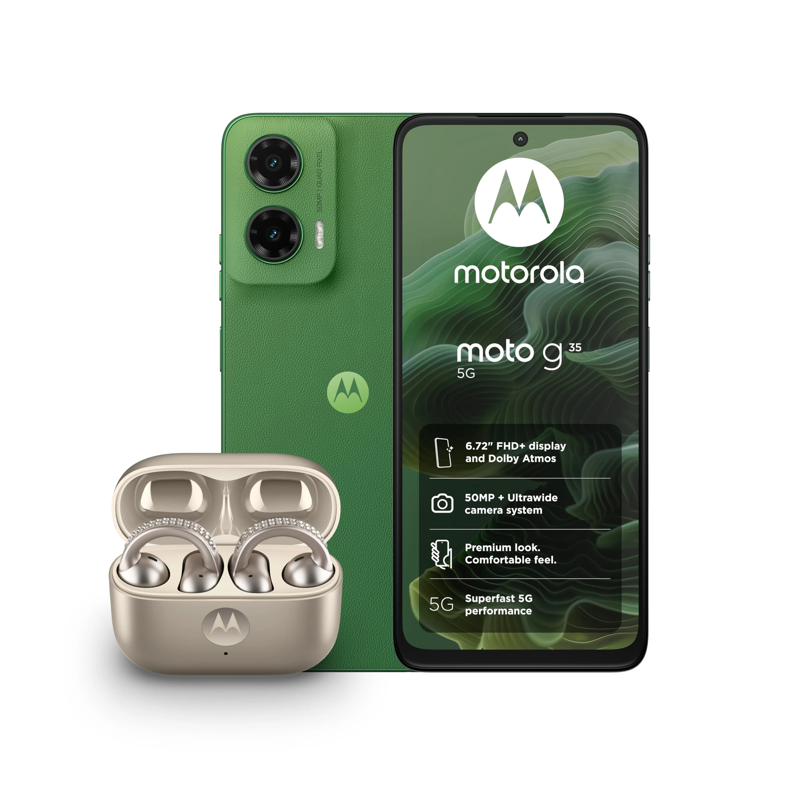 Moto G35 Green 4+128GB and Moto buds loop w/crystals by Swarovski