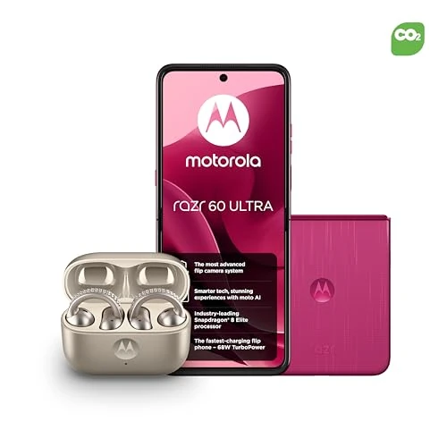 Motorola razr 60 ultra, Pantone Cabaret, Moto AI Flip Smartphone, Dual Display, 50MP Triple Camera with Co2 Offset and Moto buds loop w/crystals by Swarovski