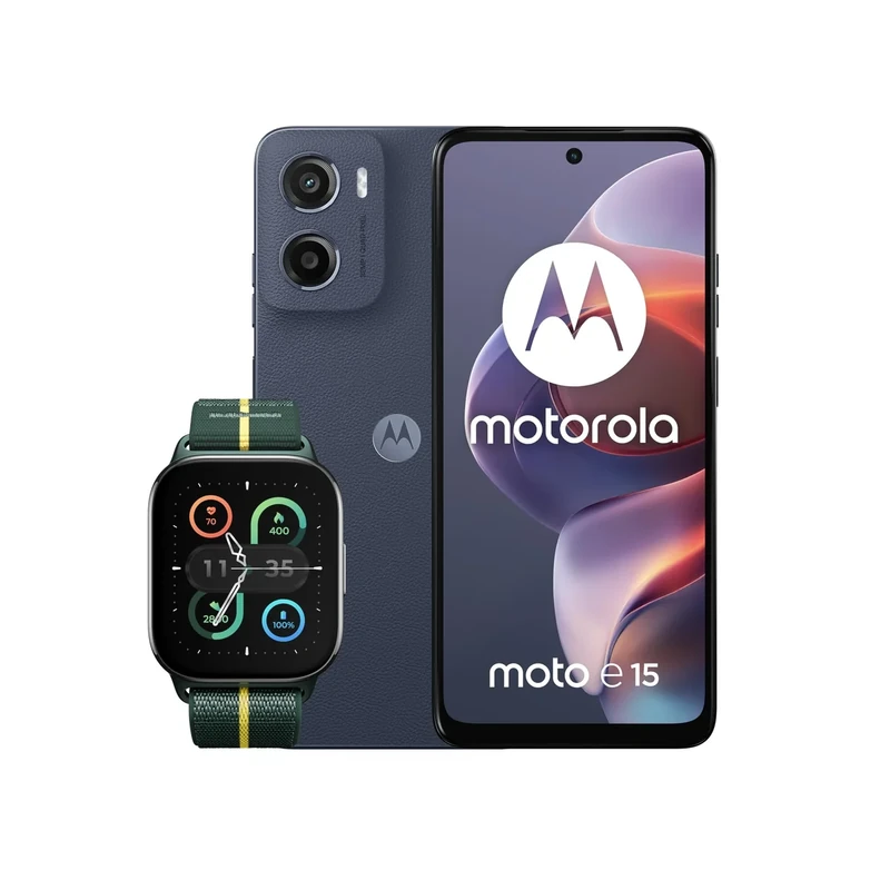 Motorola E15 Denim blue 2+64 with CO2 Offset and Moto watch fit, PANTONE Trekking Green