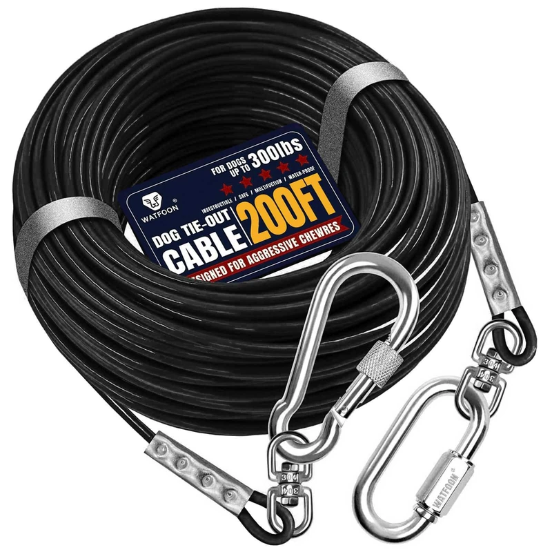 Tie Out Cable for Dogs Up to 300lbs, 200ft Extra Strong 1000lbs Break Strength Tie-Out Tether Trolley Training Lead,Dog Run Cable for Yard Garden Park Camping Outside (Black, 300lbs 200ft)