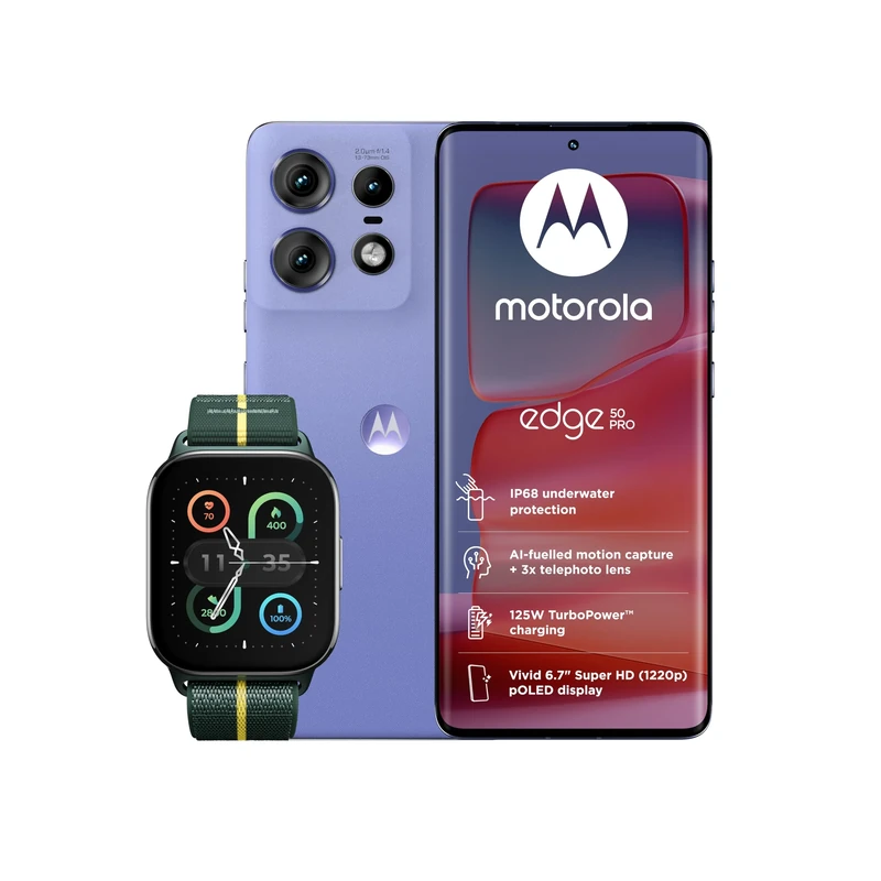 Moto Edge 50 Pro Luxe Lavender 12+512 and Moto watch fit, PANTONE Trekking Green