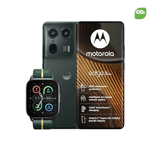 Motorola Edge50 Ultra Forest Grey with CO2 Offset and Moto watch fit, PANTONE Trekking Green