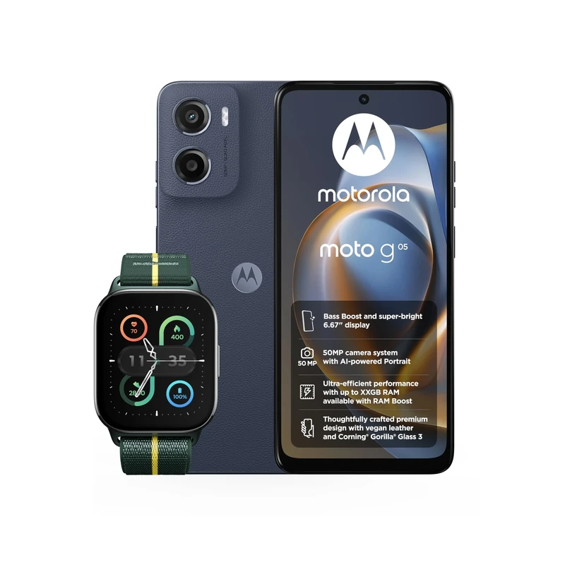 Motorola G05 Denim Blue 4+64 and Moto watch fit, PANTONE Trekking Green