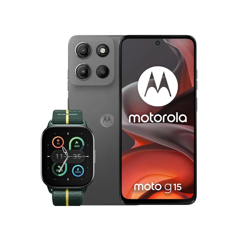 Motorola G15 Gravity Grey 4+128 and Moto watch fit, PANTONE Trekking Green