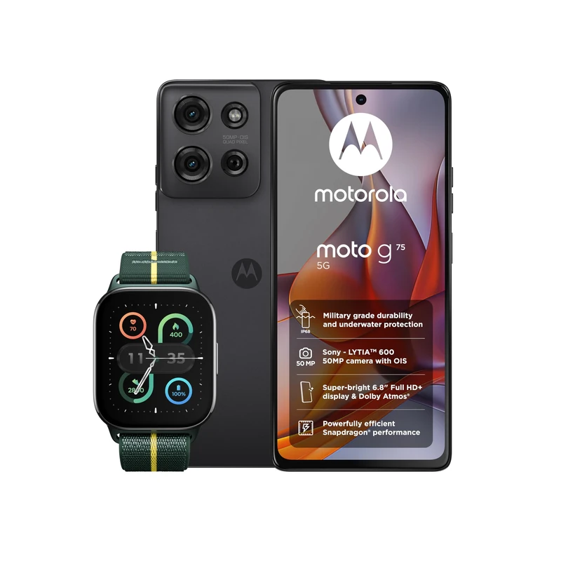 Moto G75 8+256 Charcoal Grey and Moto watch fit, PANTONE Trekking Green
