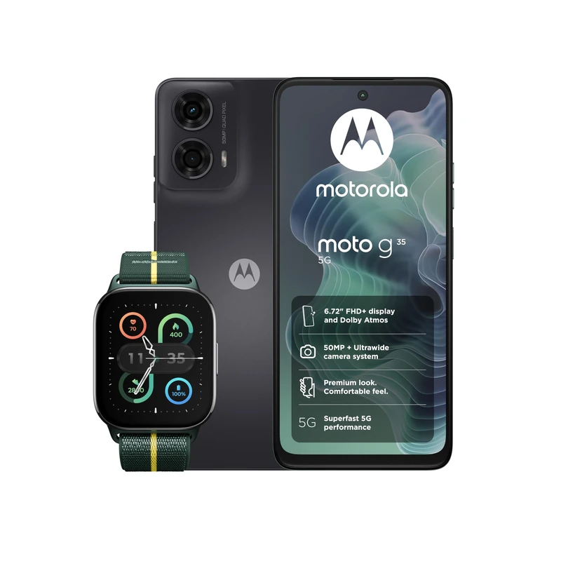 Moto G35 Grey 4+128GB and Moto watch fit, PANTONE Trekking Green