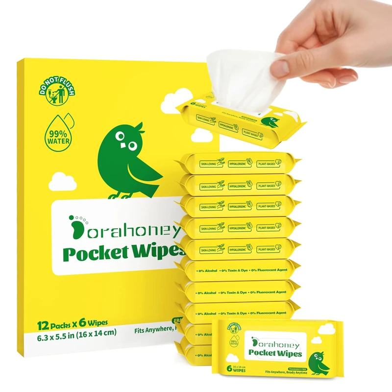 Dorahoney Mini Wet Wipes Travel Size, Sensitive Fragrance Free Travel Wipes, 99% Water, Unscented & Hypoallergenic Hand and Face Wipes for Adults, Kids & Baby Care, 12 Pack Total 72 Wipes