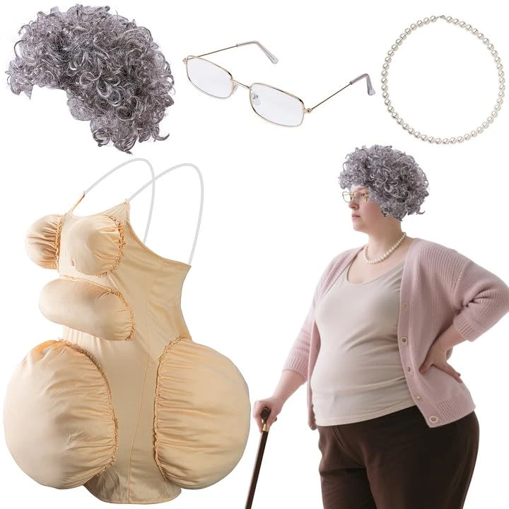 Mizelu 4 Pcs Halloween Fat Old Lady Costume, Fake Belly and Chest Fat Suit Includes Granny Wig Cap Glasses Pearl Necklace for Halloween Christmas Funny Cosplay Dress Up Party Stage Performance