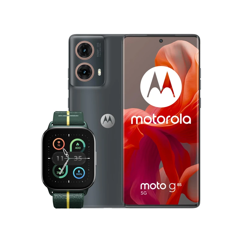 Moto G85 Urban Grey and Moto watch fit, PANTONE Trekking Green