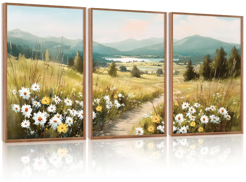 KAIRNE Field Canvas Wall Art,Vintage Landscape Wall Decor,Wildflower Prints Set of 3(16”X24”),Nature Botanical Floral Posters,Rustic Paintings for Kitchen Living Room Bedroom Farmhouse Decor,Framed