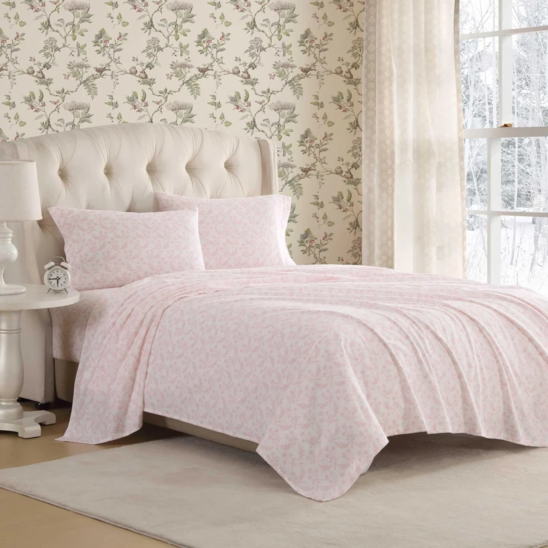 Laura Ashley - Full Bed Sheets, Cotton Flannel Bedding Set with Matching Pillowcases, Brushed for Extra Softness, Deep Pocket, Oeko-Tex Certified (Antoinette Pink)