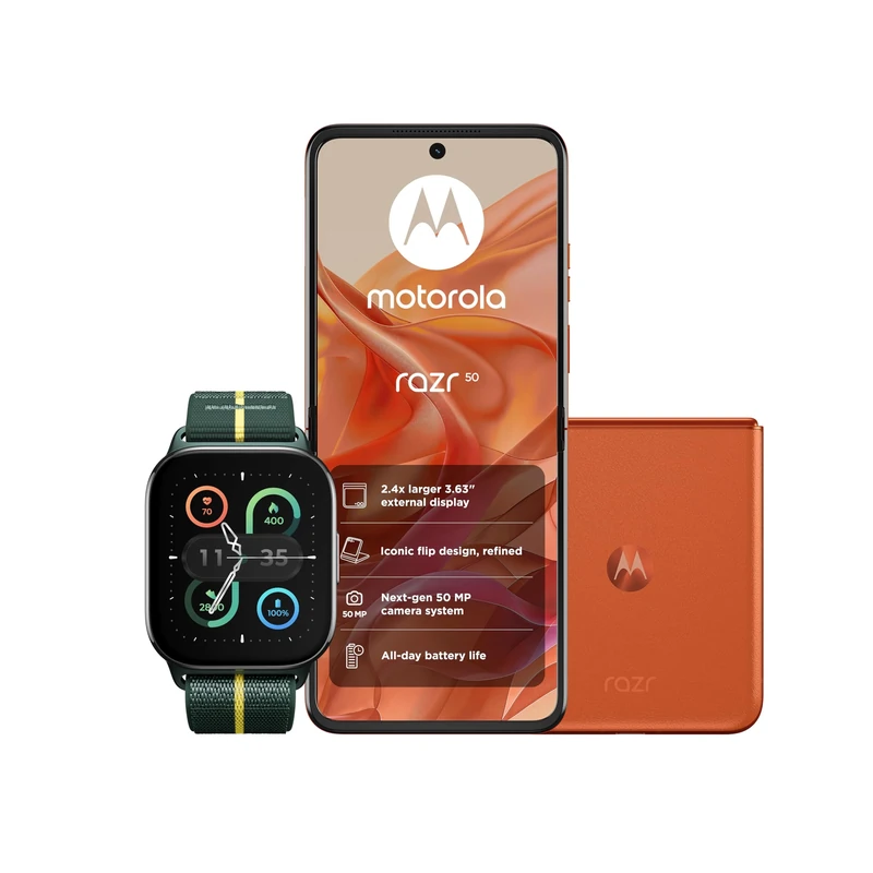Moto Razr50 Spritz Orange and Moto watch fit, PANTONE Trekking Green