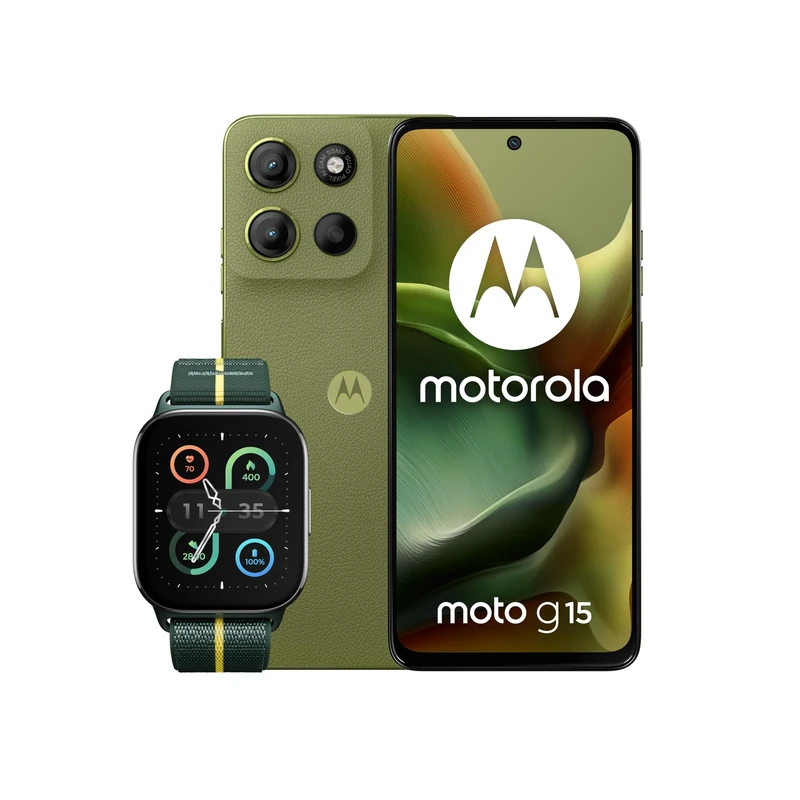 Motorola G15 Iguana Green 4+128 and Moto watch fit, PANTONE Trekking Green