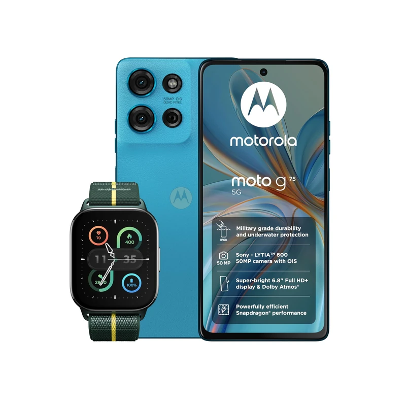 Moto G75 8+256 Aqua Blue and Moto watch fit, PANTONE Trekking Green