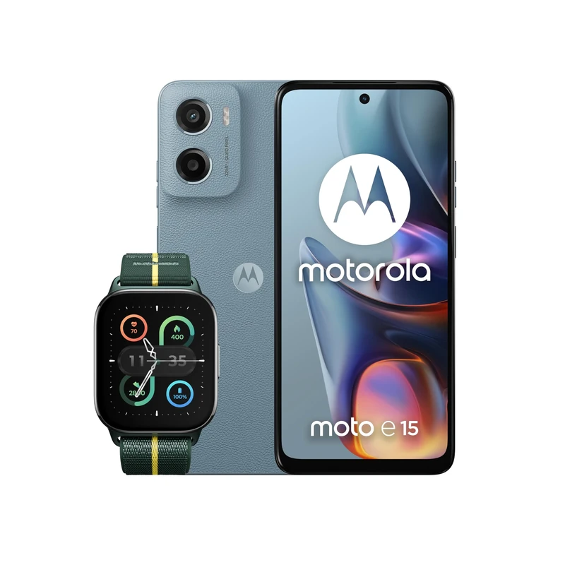 Motorola E15 Misty Blue 2+64 and Moto watch fit, PANTONE Trekking Green