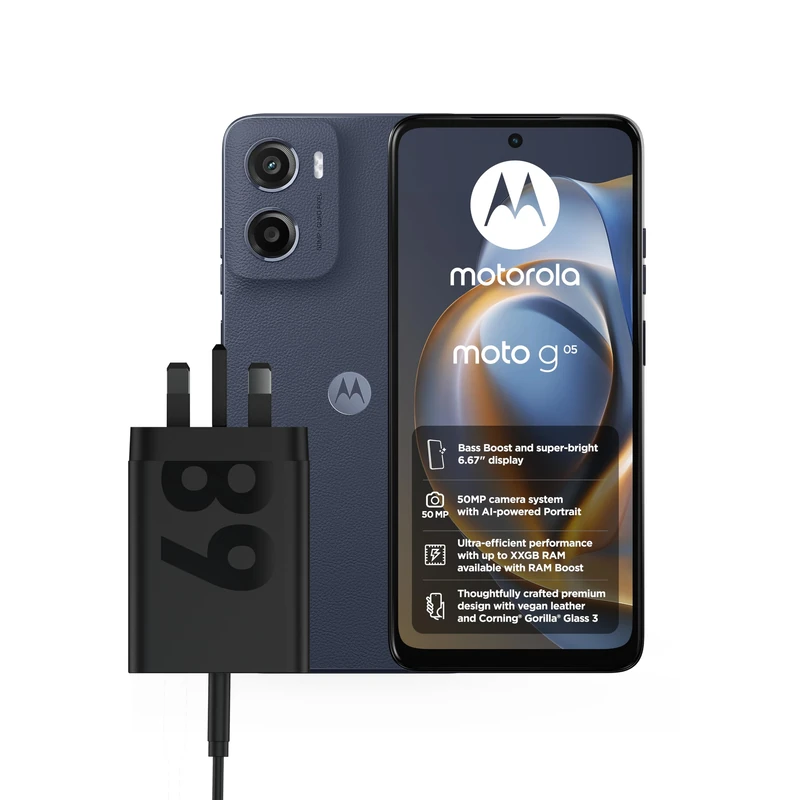Motorola G05 Denim Blue 4+64 and Moto UK Charger - Single port 68w