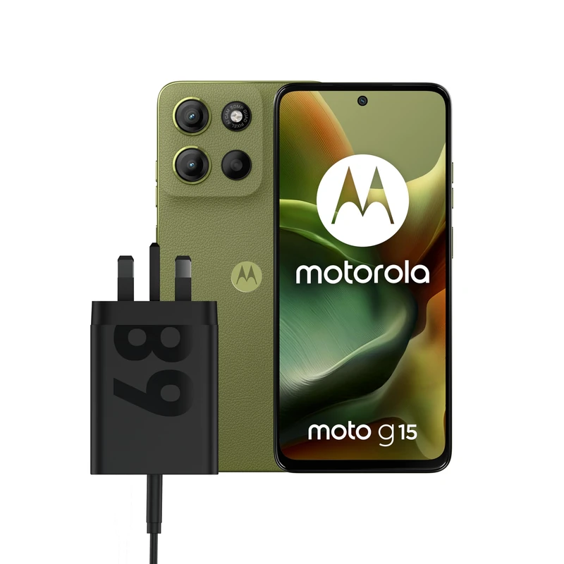 Motorola G15 Iguana Green 4+128 and Moto UK Charger - Single port 68w