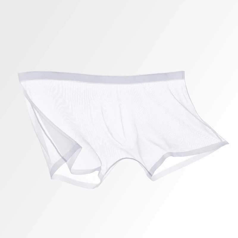 Men's Ice Silk Sexy Mesh Boxer Briefs Ultra-Thin Transparent Breathable Hollow Underwear, White, M