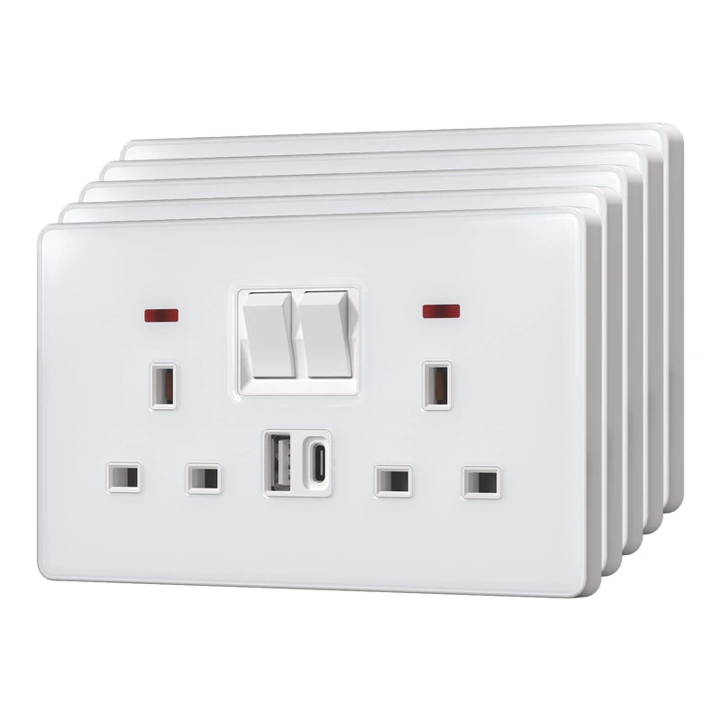 BSEED Double Plug Socket with 20 W USB-C Fast Charging,Switched Wall Plug,Indicator Light,Glass Panel,UK Standard Electric Power,2 Gang-5 Pack,146mm White