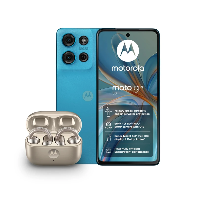 Moto G75 8+256 Aqua Blue and Moto buds loop w/crystals by Swarovski