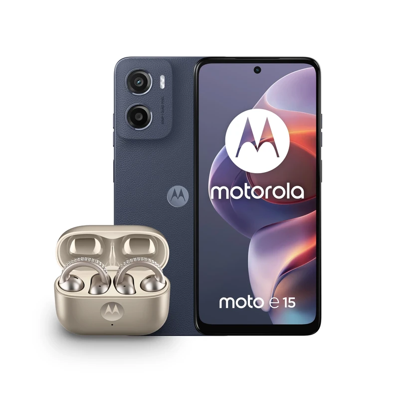 Motorola E15 Denim blue 2+64 with CO2 Offset and Moto buds loop w/crystals by Swarovski