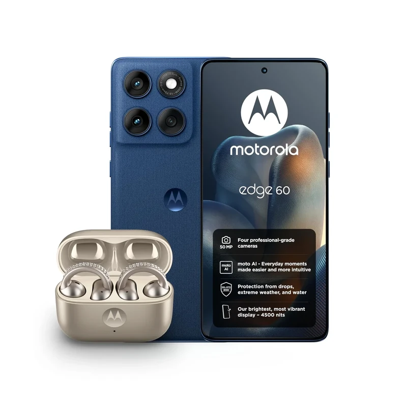 Motorola edge 60, Pantone Gibraltar Sea, Moto AI Smartphone, 50MP Quad Camera System, Includes Protective Cover and Moto buds loop w/crystals by Swarovski