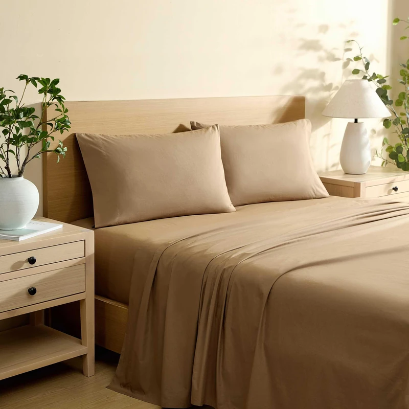 Nautica - Queen Bed Sheets, Lightweight Cotton Percale Bedding Set with Matching Pillowcases, Crisp & Cool, Oeko-Tex Certified (Bayview Solid Brown) - Image 1