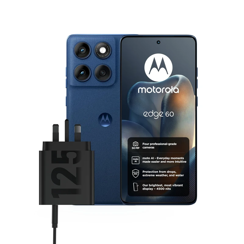 Motorola edge 60, Pantone Gibraltar Sea, Moto AI Smartphone, 50MP Quad Camera System, Includes Protective Cover and Moto UK charger - single port 125w