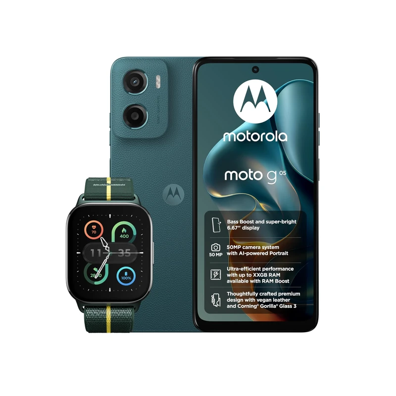 Motorola G05 Forest Green 4+64 and Moto watch fit, PANTONE Trekking Green