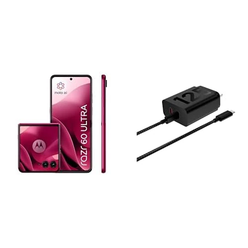 Motorola razr 60 ultra, Pantone Cabaret, Moto AI Flip Smartphone, Dual Display, 50MP Triple Camera with Co2 Offset and Moto UK Charger -Dual port 125w