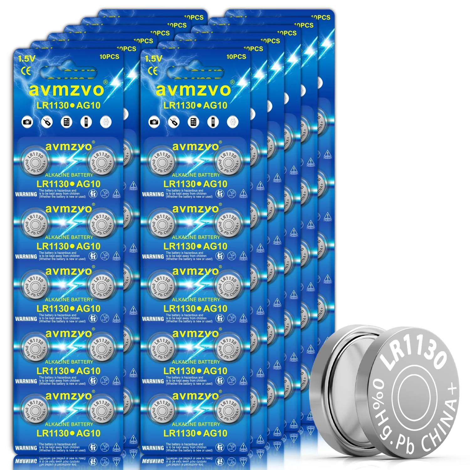 avmzvo LR1130 Button Cell Batteries AG10 LR54 189 389 1.5 V Alkaline Button Cells Pack of 120 Mercury Free Childproof Packaging