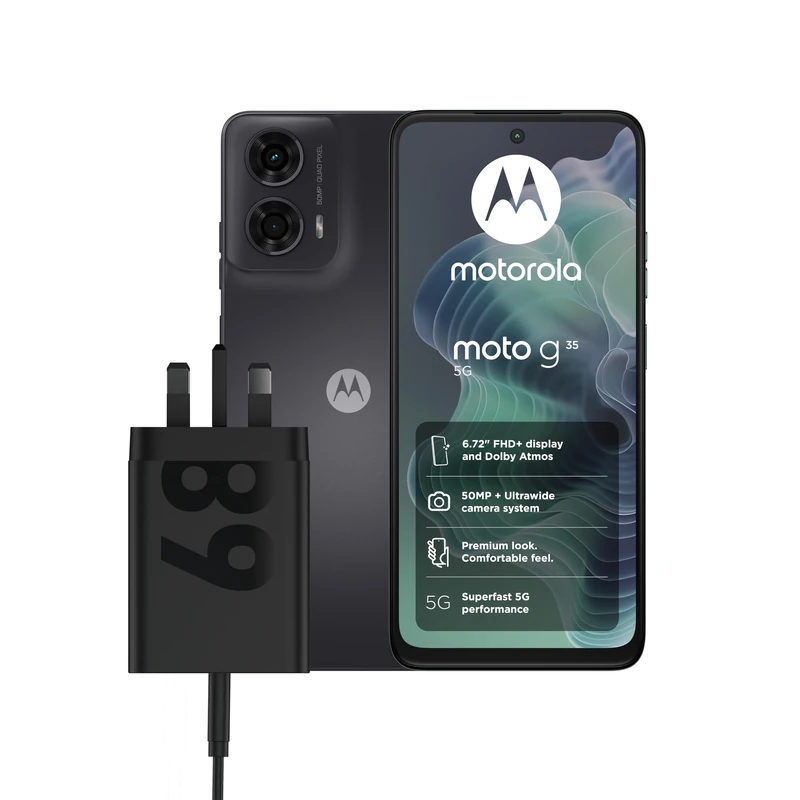 Motorola Moto G35 Grey 4+128GB and Moto UK Charger - Single port 68w