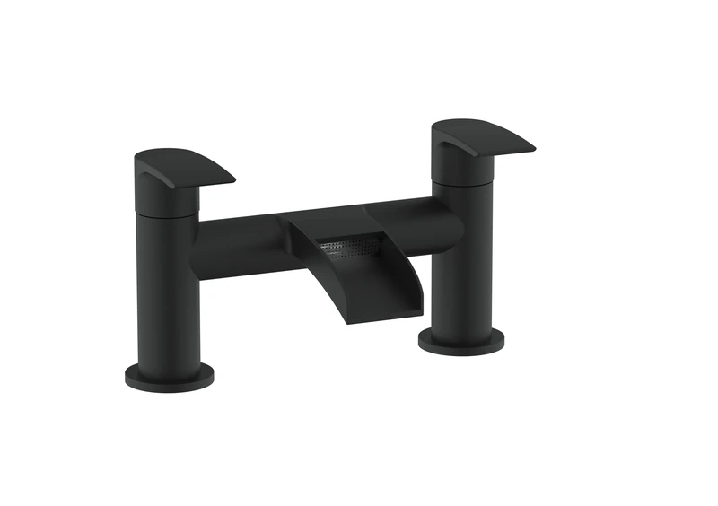 VeeBath Stream Round Waterfall Bath Filler Mixer – Matt Black Finish, Deck Mounted Bathroom Tap, Modern Bath Tap Mixer with G3/4" BSP Inlet, Contemporary Design