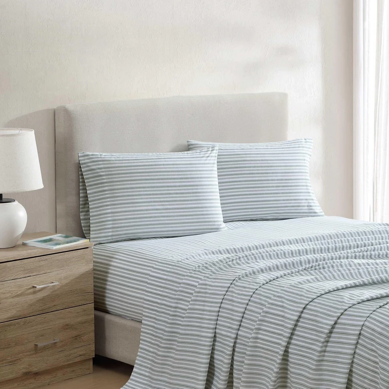Nautica - Queen Bed Sheets, Lightweight Cotton Percale Bedding Set with Matching Pillowcases, Crisp & Cool, Oeko-Tex Certified (Coleridge Stripe Green)
