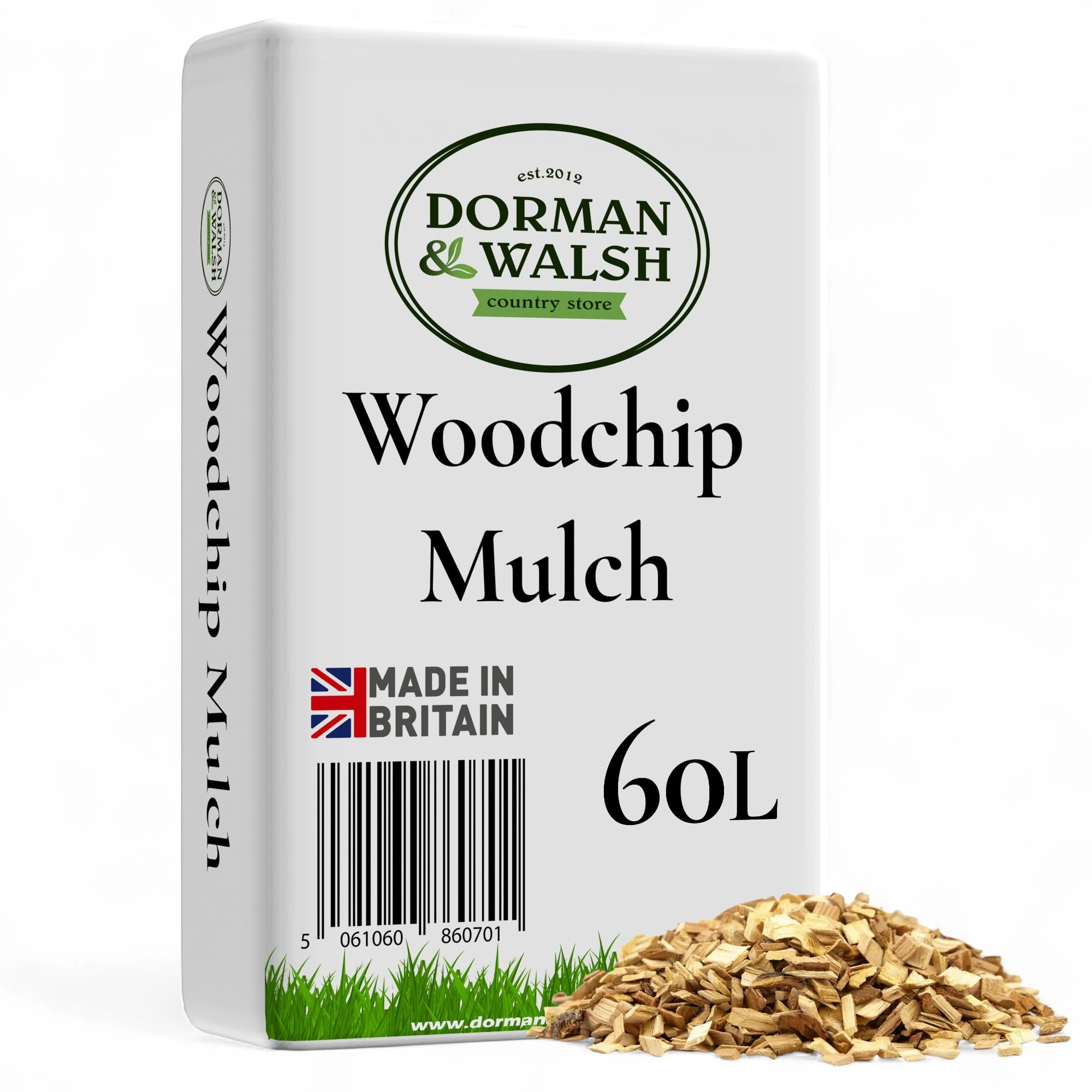 Dorman & Walsh 60L Premium Clean Wood Chip, Nutrient Rich for Mulching, Play Area Surfaces, Poultry runs and Animal Bedding