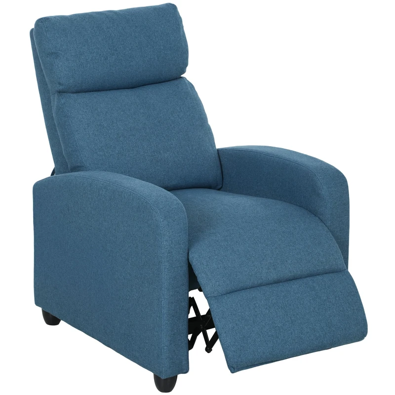 HOMCOM Push Back Recliner Armchair, Linen Fabric Reclining Chair with Adjustable Leg Rest, Single Padded Seat Sofa Lounge for Living Room, Bedroom, Blue