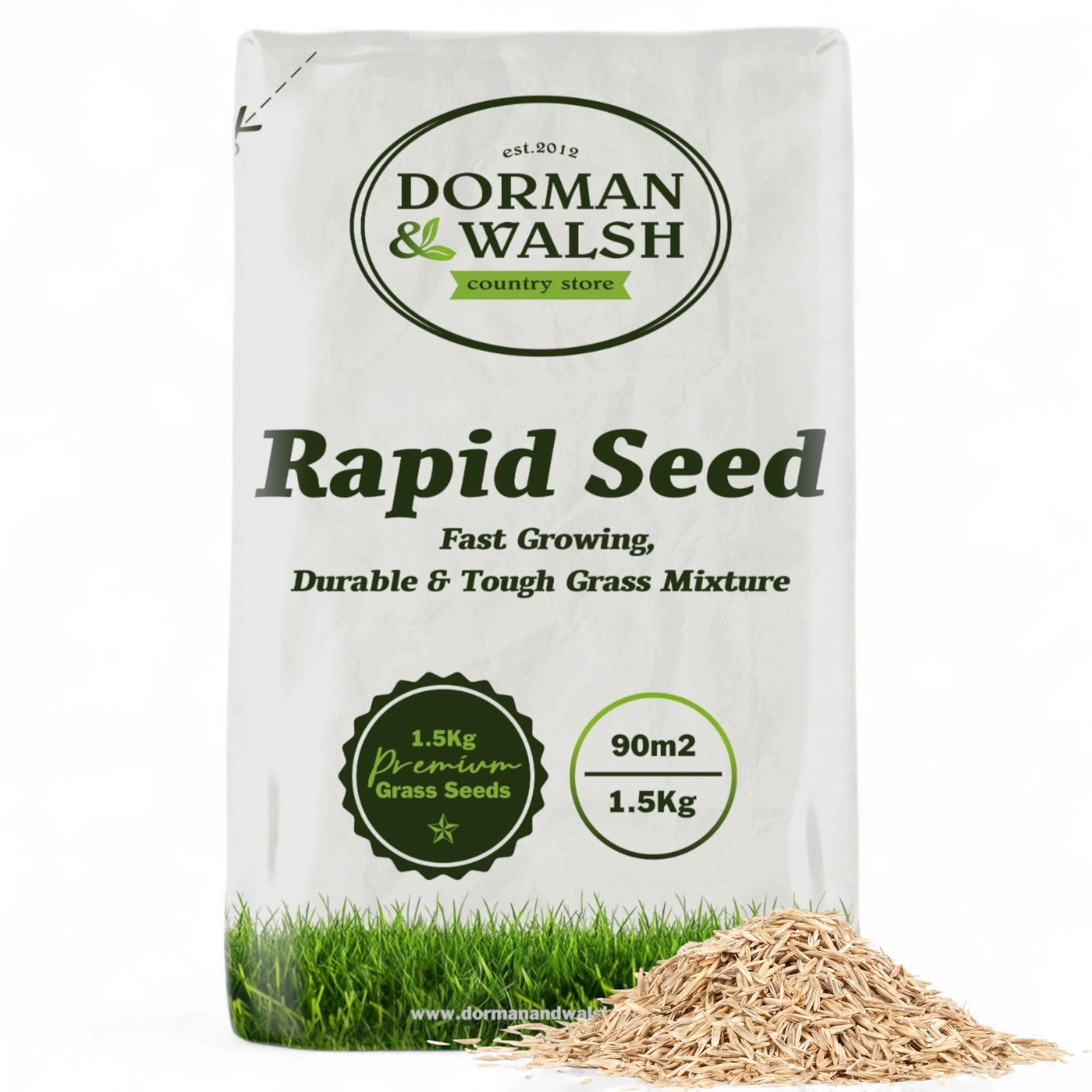 Rapid Seed 1.5 kg Quick Growing Grass Seed, Hard-Wearing and Durable Covering 90m² for Lawns & Patch Repair Dorman and Walsh Premium Green Grass